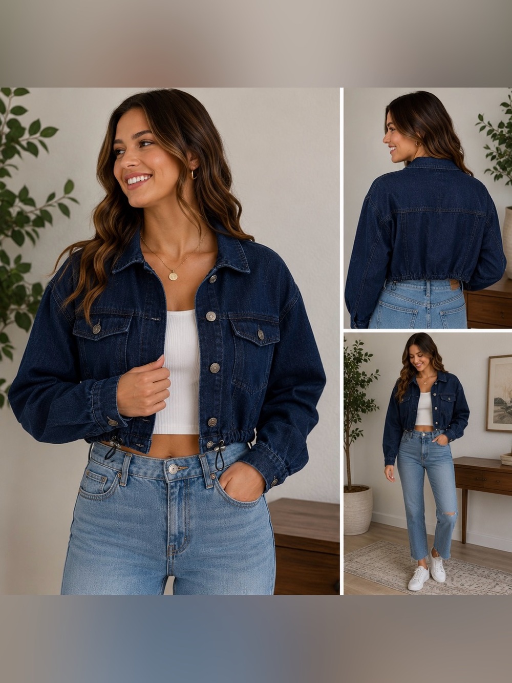 Almost Famous Cropped Denim Jacket Small Dark Wash Drawstring Hem